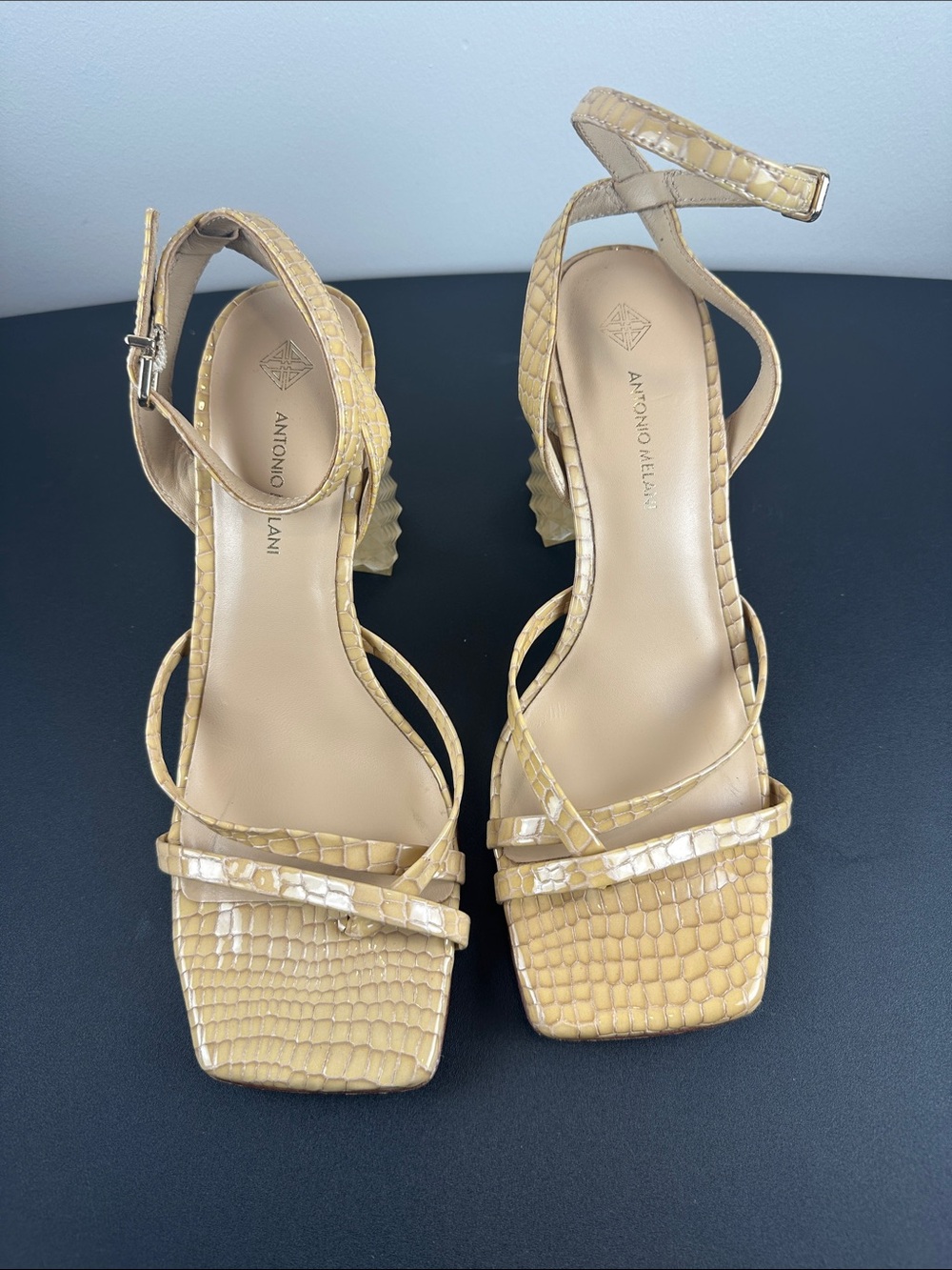 ANTONIO MELANI Yellow Croc-Embossed Strappy Block Heel Sandals